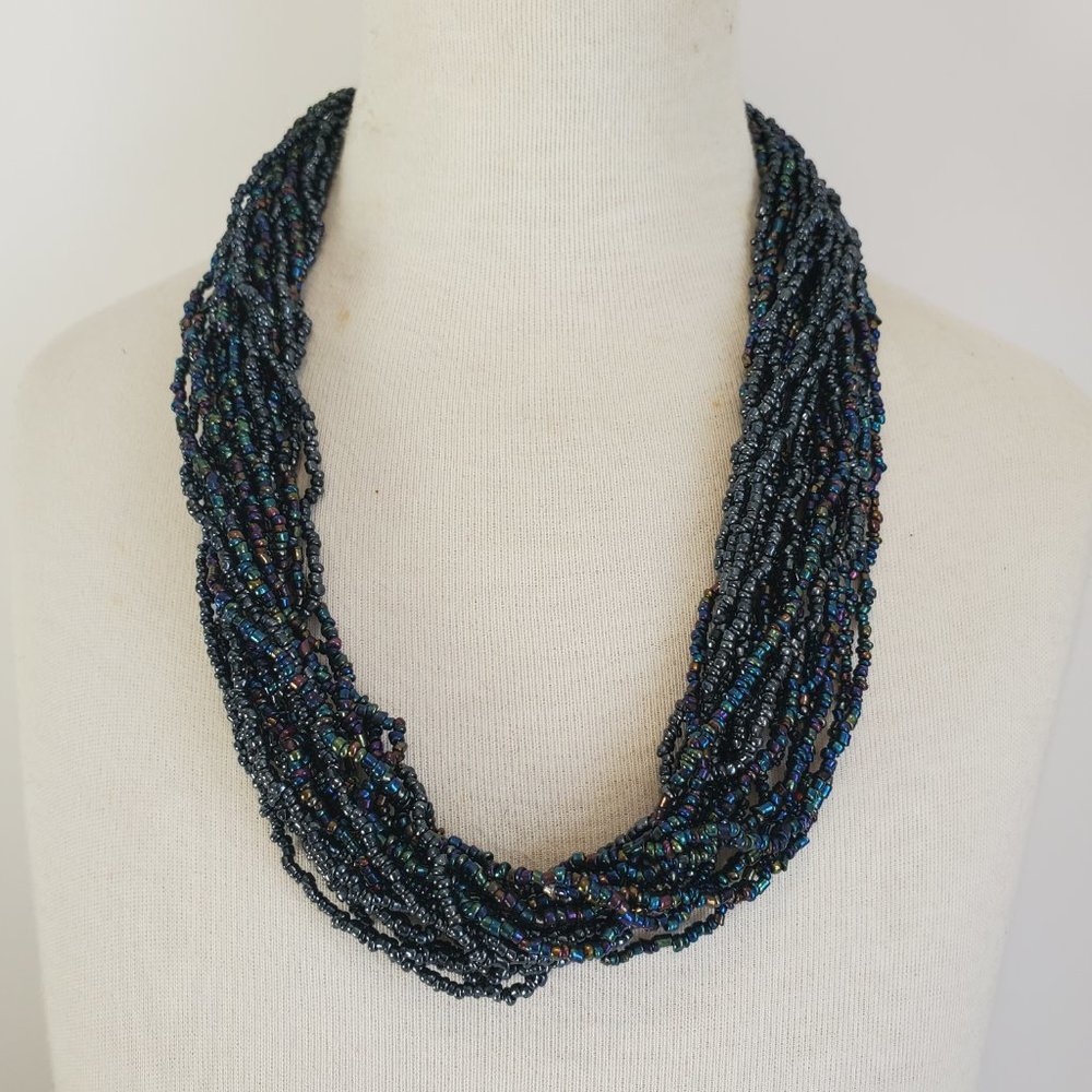 Vintage Miyuki Blue Iridescent Seed Beads Multi-Strand Necklace Twisted Design